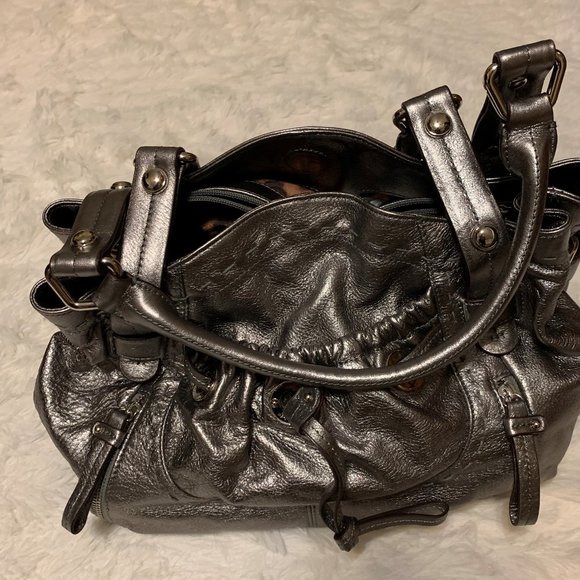 B. Makowsky Handbag, Silver Grey Leather - Picture 2 of 16